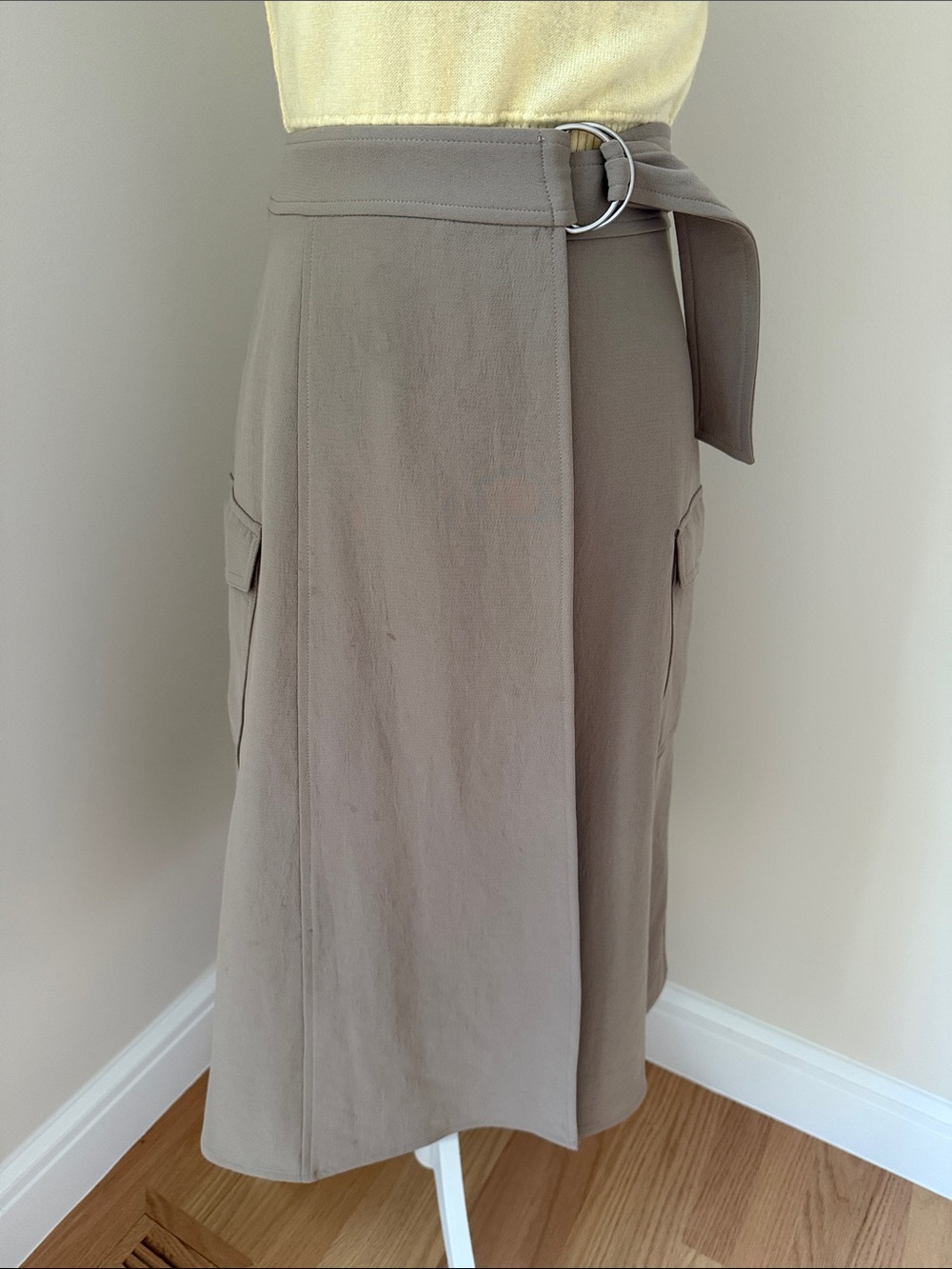 Aritzia High-Waist Taupe Midi Wrap Skirt with Belt